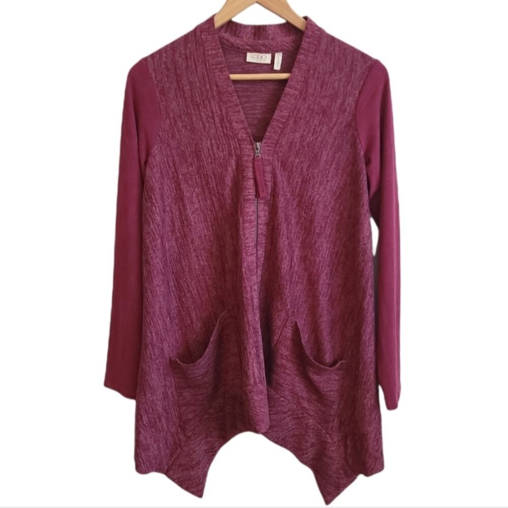 LOGO Lori Goldstein Zip Cardigan Womens XXS Burgundy Lagenlook Mixed Material
